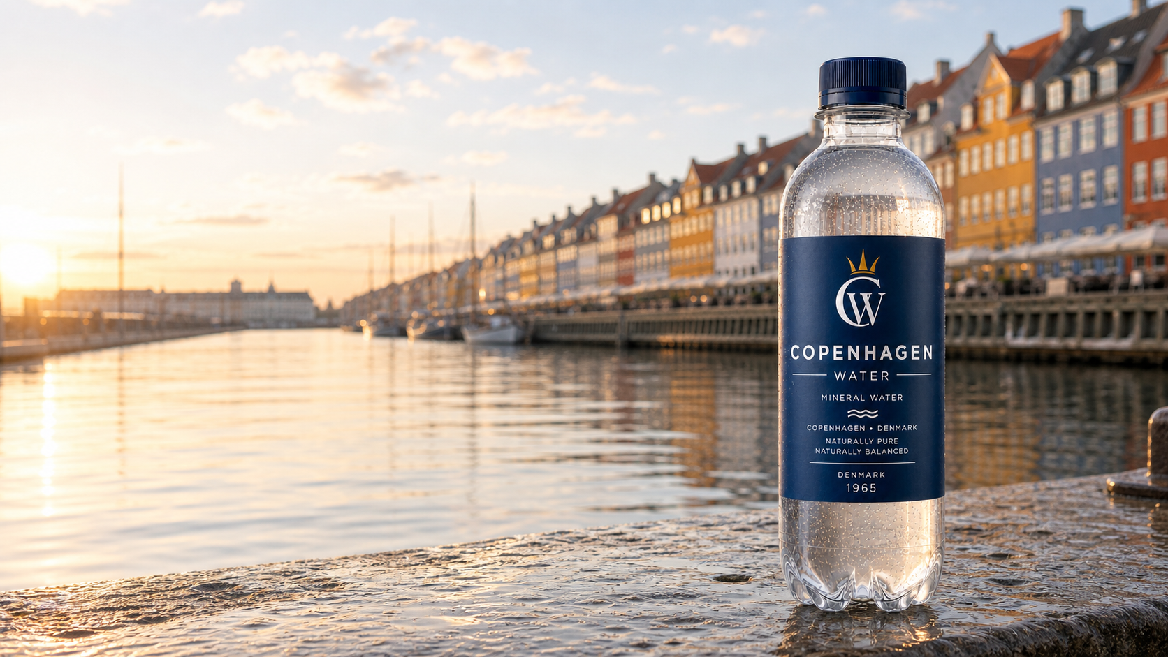 Copenhagen Water bottle beside Nyhavn at sunrise